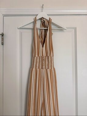 American Eagle Yellow White Striped Halter Wide Leg Jumpsuit Small